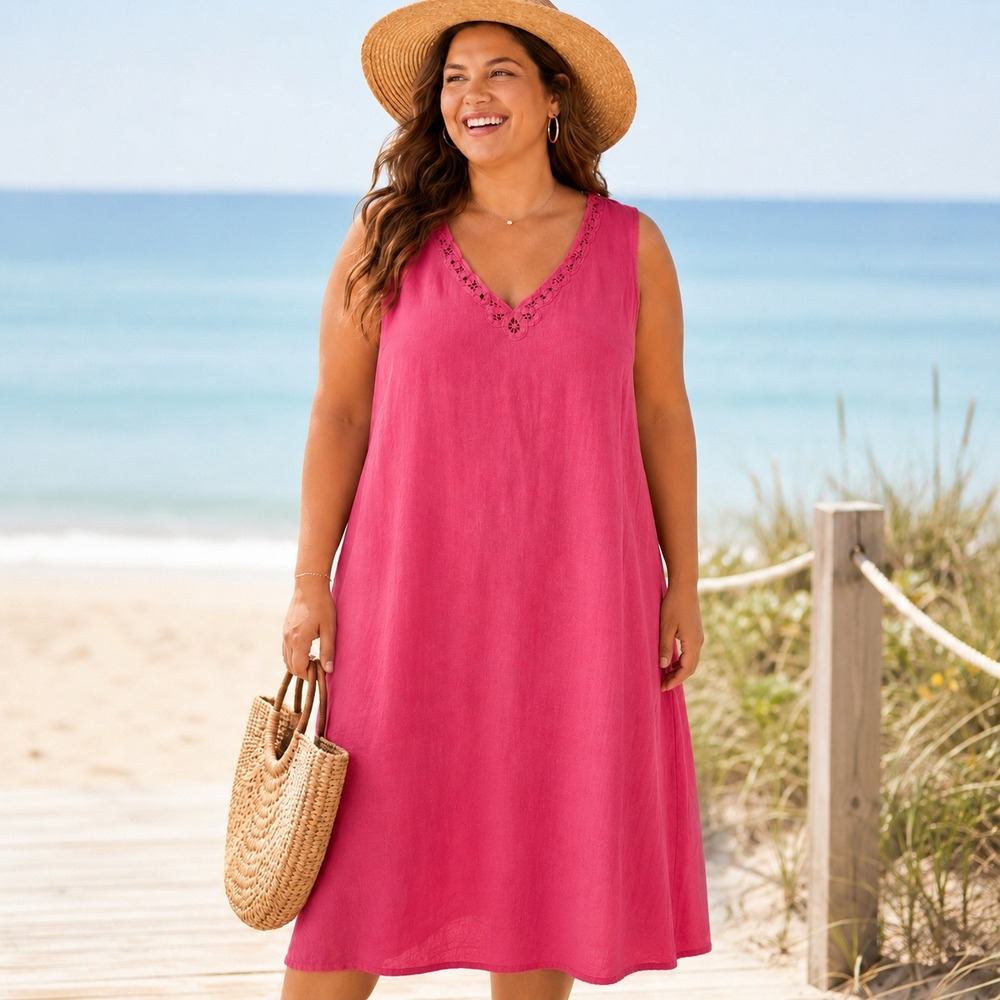 Anna Maxwell Sleeveless Midi Dress 3X Pink Linen Blend Lace V-Neck Beachy Boho
